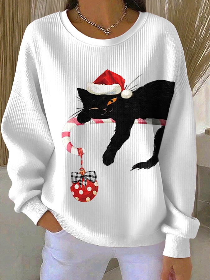 Women's Retro Christmas Cat Print Round Neck Sweatshirt