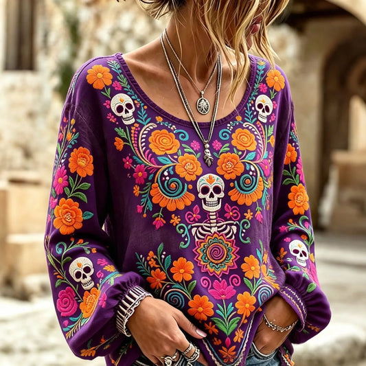 Women's Retro Day Of The Dead Floral Skull Print Cotton Linen Top