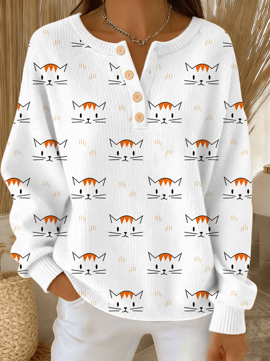 Women's Cute Cat Print Knit Button Top