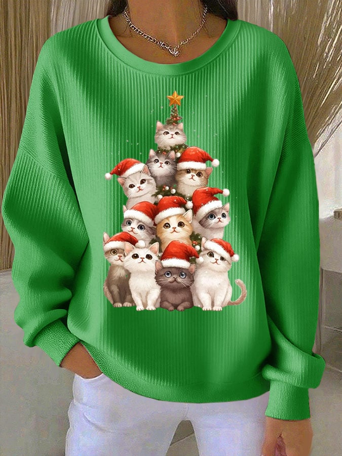 Women's Christmas Cat Print Knit Crew Neck Long Sleeve Top