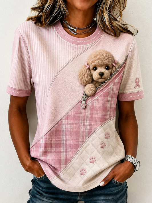 Women'S Cute Poodle Pattern Patchwork Art T-Shirt