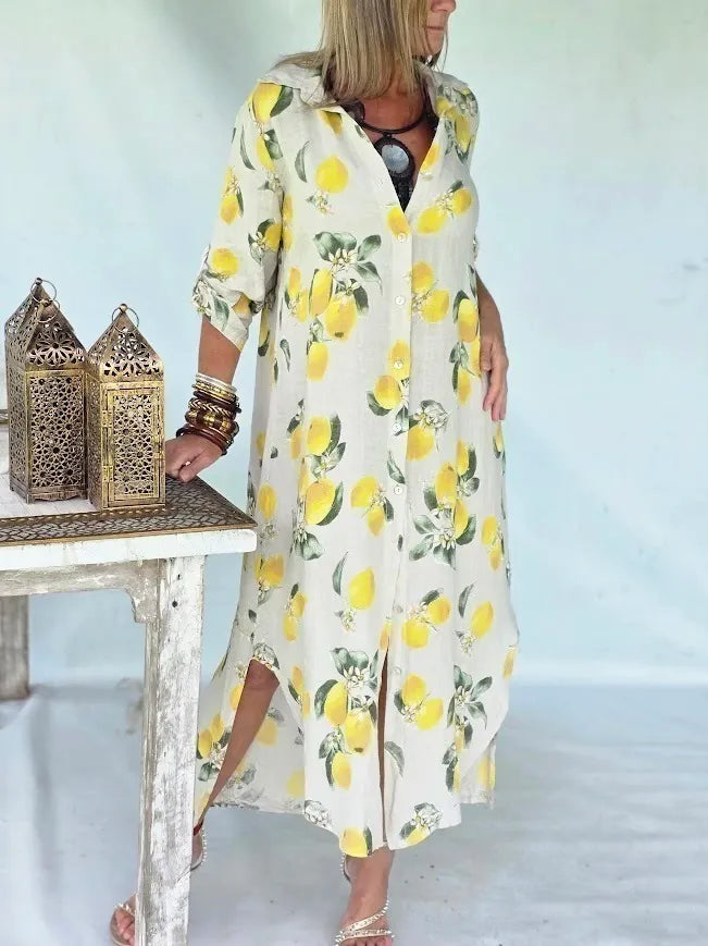 Lemon Print Boho Linen Kaftan Dress