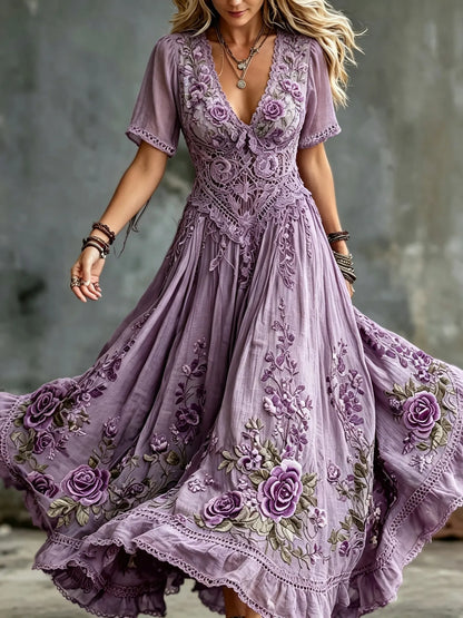 Women's Vintage Rose Embroidered Art V-neck Short Sleeve Flowy Maxi Dress