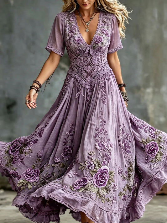 Women's Vintage Rose Embroidered Art V-neck Short Sleeve Flowy Maxi Dress