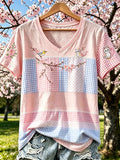 Women's Casual Breast Cancer Flowers and Birds Print Short-Sleeve T-Shirt