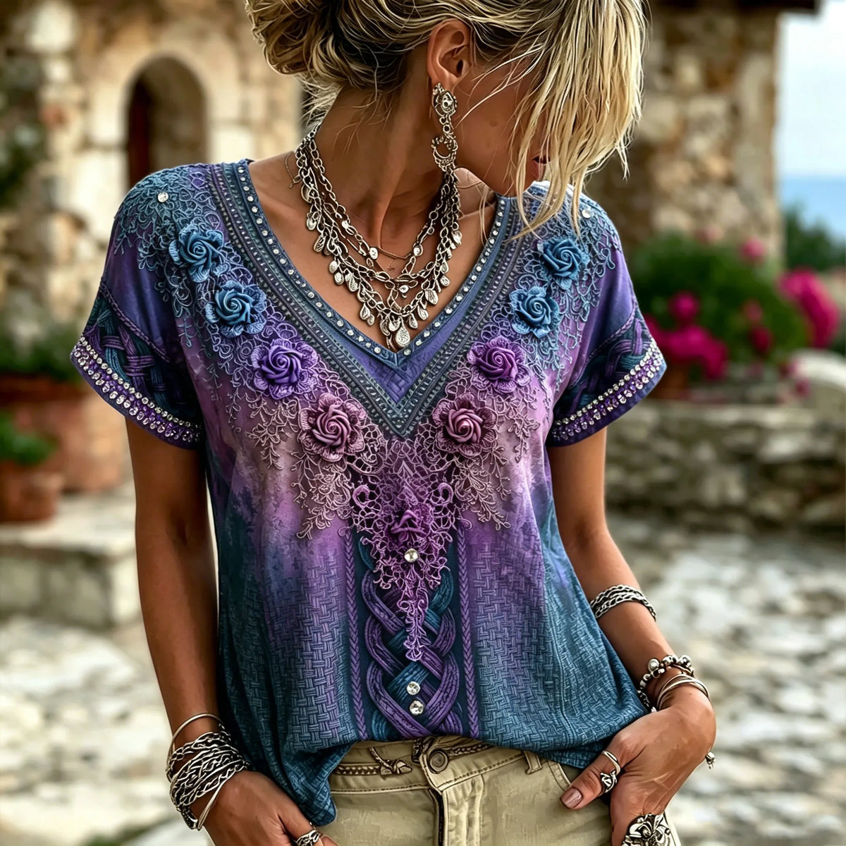 Women's Retro Bohemian Viking Style Rose Print Top