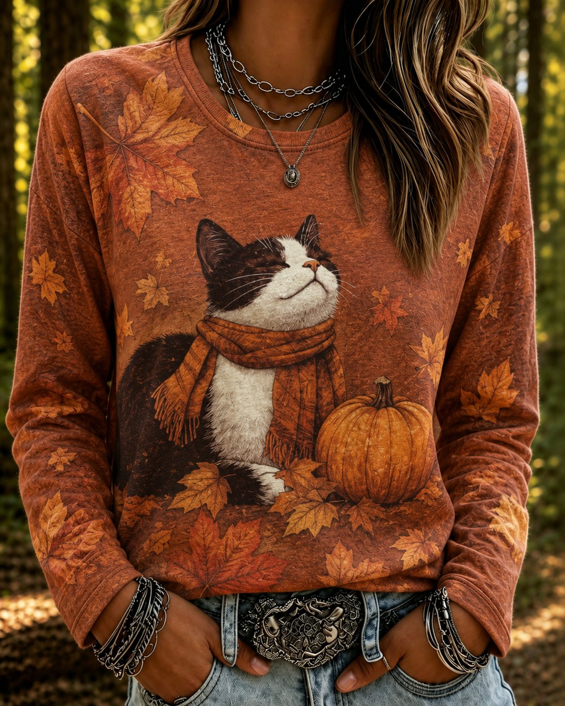 Women's early autumn maple leaf and kitten print round neck top