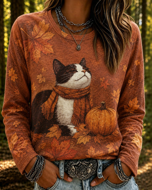 Women's early autumn maple leaf and kitten print round neck top