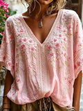 Women's Retro Breast Cancer Floral Print Long-Sleeved Top
