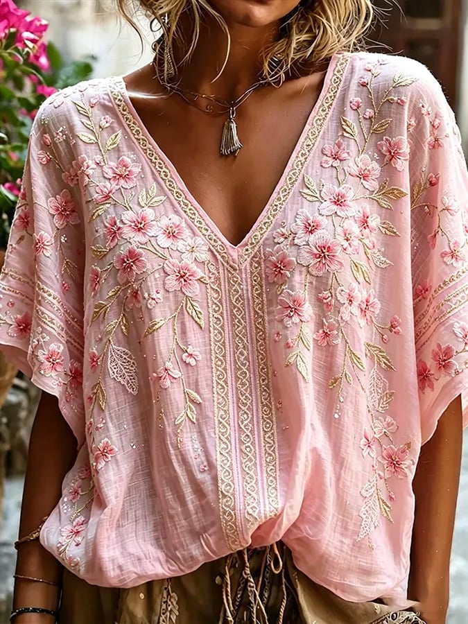 Women's Retro Breast Cancer Floral Print Long-Sleeved Top