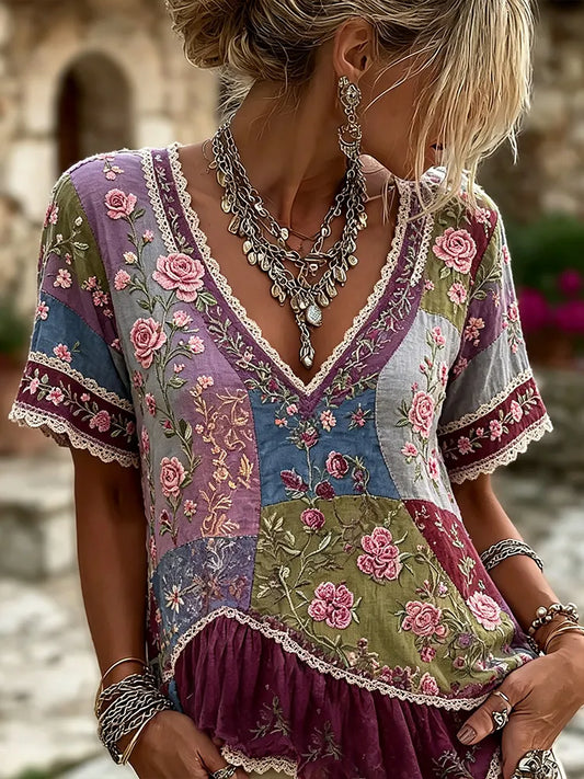 Women's Pink Floral Art Patchwork Vintage Cotton Linen V-neck Short Sleeve Top