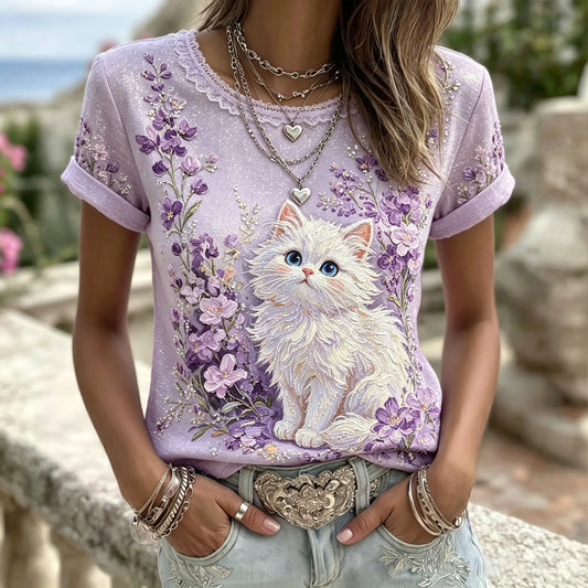 Women's Cute Cat And Flower Art Pattern Crew Neck Short Sleeve T-shirt