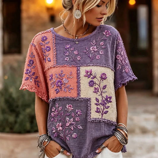 Women's Retro Purple Floral Patchwork Pattern Casual T-shirt