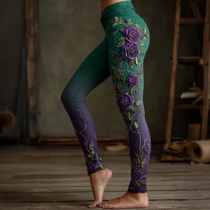 Women's Retro Rose Floral Gradient Pattern Casual Leggings