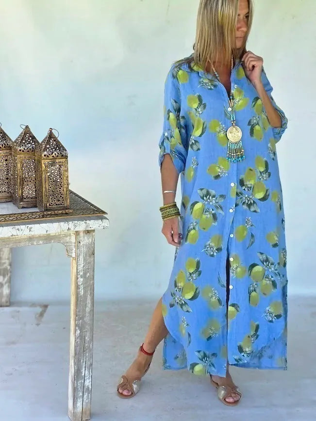 Lemon Print Boho Linen Kaftan Dress