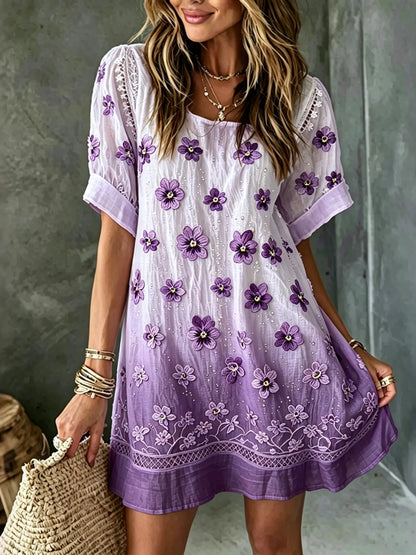 Women's Purple Pansy Print Alzheimer's Awareness Casual  Mini Dress