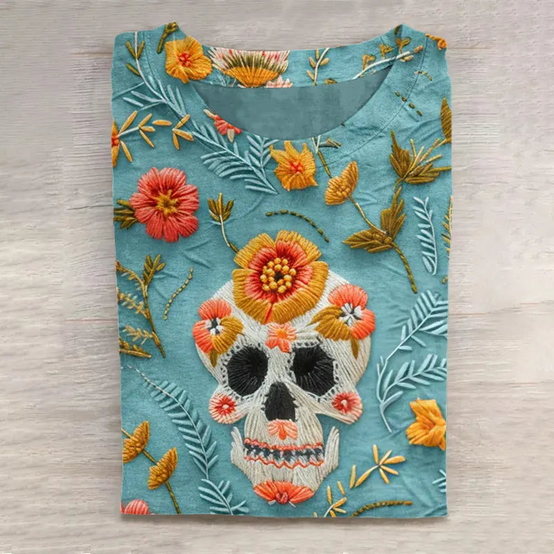 Mexican Cute Sugar Skull Day Of The Dead Inspired Cotton Graphic T-Shirt