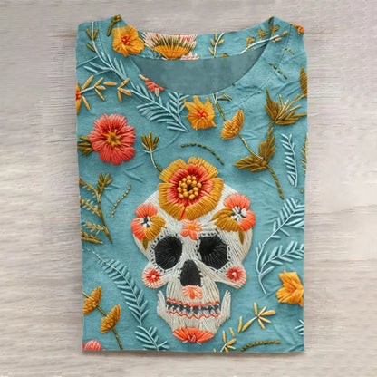 Mexican Cute Sugar Skull Day Of The Dead Inspired Cotton Graphic T-Shirt