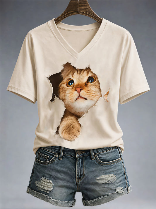 Women's Cat Themed Animal Print T-Shirt