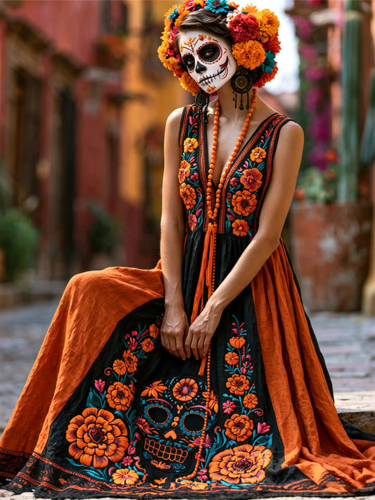 Women's Retro Resort Color-blocked Floral Skull Print V-neck Maxi Dress