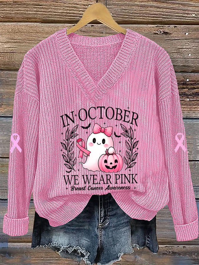 Women's Breast Cancer Awareness Print Casual V-Neck Pullover Sweater