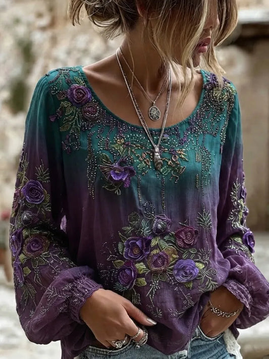 Women's Retro Purple Rose Embroidery Pattern Casual Round Neck T-shirt