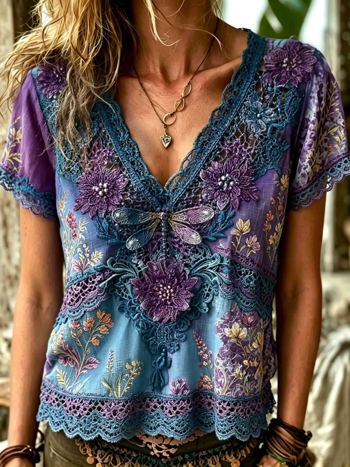 Women's Vintage Bohemian Floral And Dragonfly Embroidered Lace Print Top
