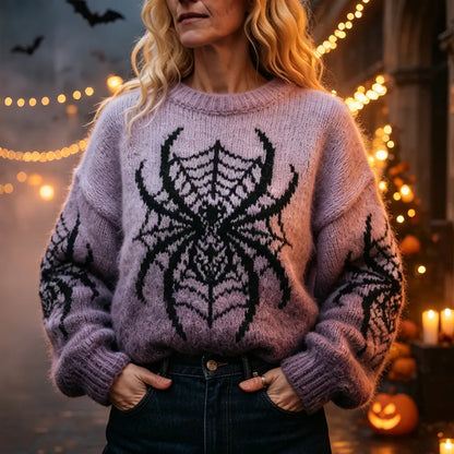 Women's Gothic Oversized Spider Web Print Crewneck Knit Sweater