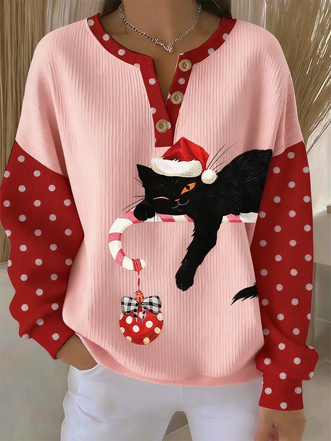 Women's Christmas Cat Print Casual Sweatshirt