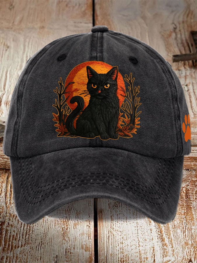 Unisex Distressed Washed Cute Cat Print Hat