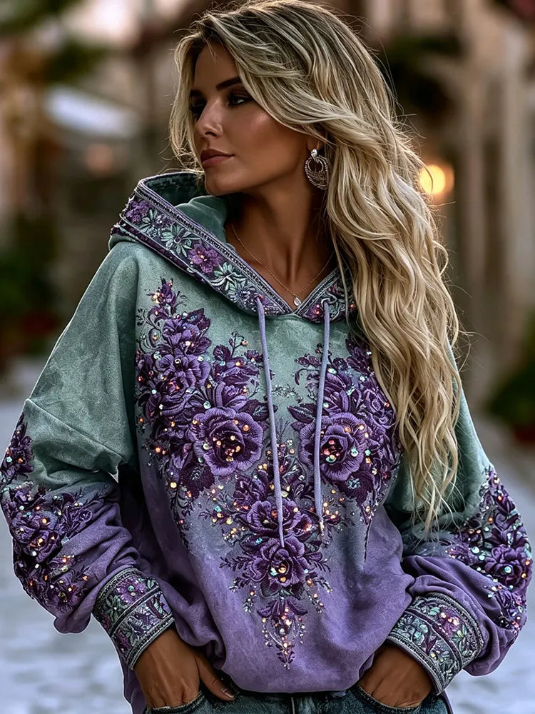 Women's Retro Purple Floral Art Embroidery Comfy Hooded Sweatshirt