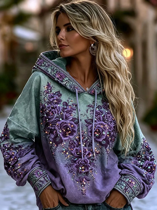 Women's Retro Purple Floral Art Embroidery Comfy Hooded Sweatshirt