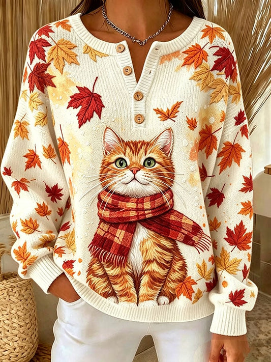 Women's Casual Print Button-Up Collar Knit Top
