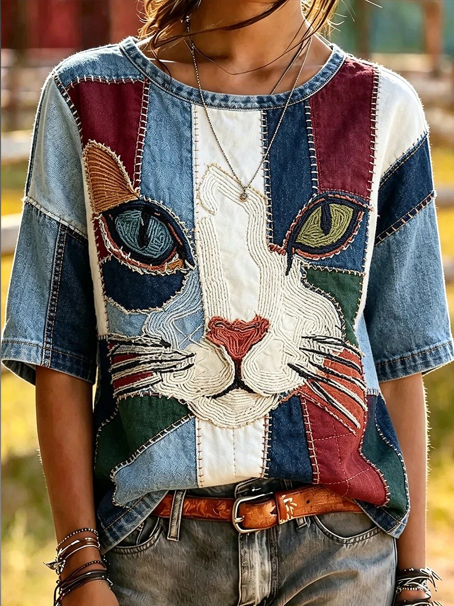 Women's Vintage Patchwork Cat Embroidery Top