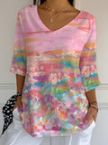 Women's Fashion Casual Pink Art Gradient Bubble Wrinkle Top