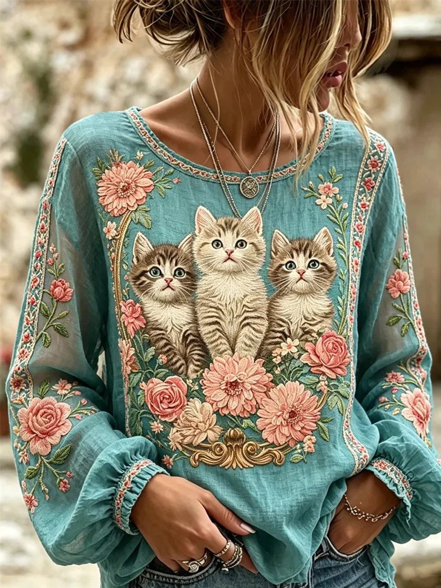 Women's Cat Embroidered Print Shirt