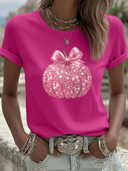 Women's Breast Cancer Sequined Pumpkin Print Casual T-shirt