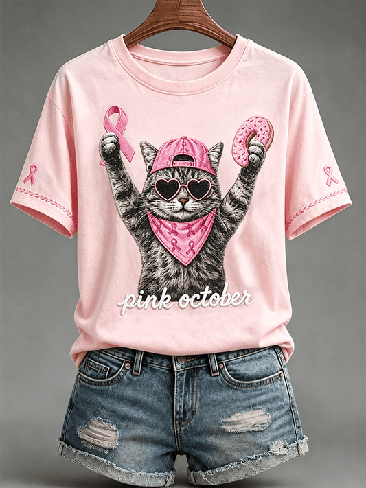 Retro Pink Cat Pattern Casual Short-Sleeved T-Shirt