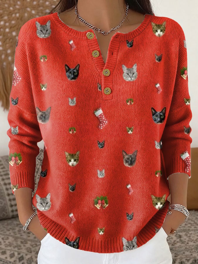 Women's Cat Print Knit Button Top
