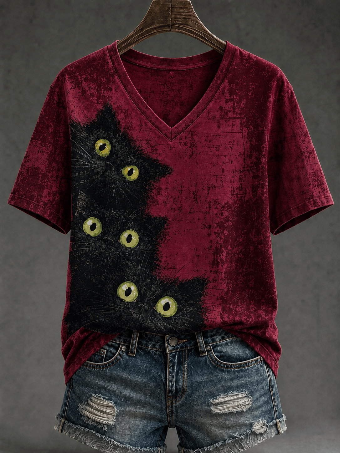 Women's Retro Black Cat Print V-Neck Top