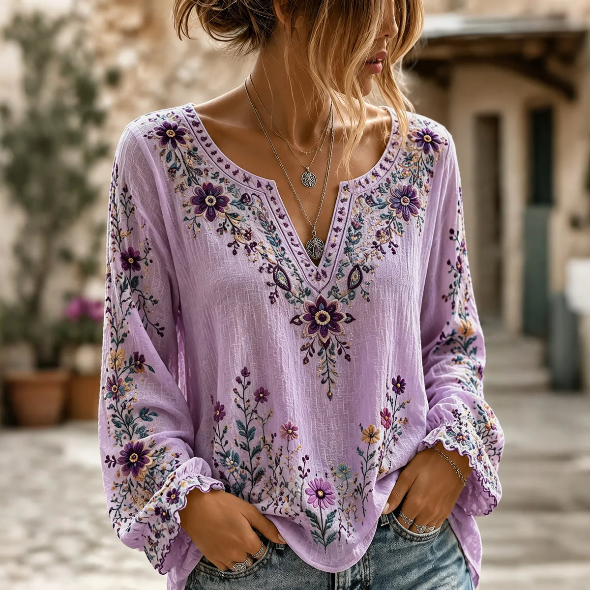 Women's Retro Boho Floral Art Cotton Linen V Neck T-shirt
