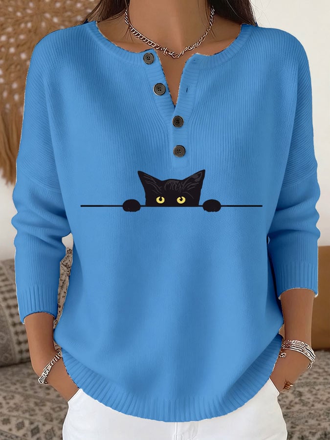 Women's Casual Cat Print Knit Top