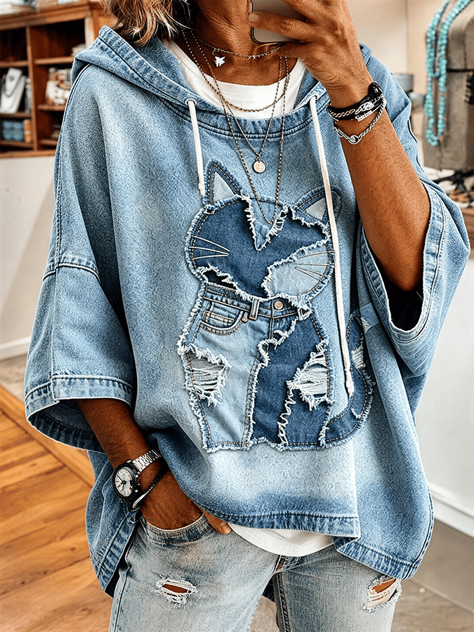 Retro Animal Patchwork Cat Pattern Comfortable Short-Sleeved Hoodie
