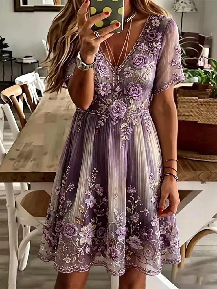 Women's Purple Vintage Floral And Rhinestone Art Texture Casual V-neck Playful Dress