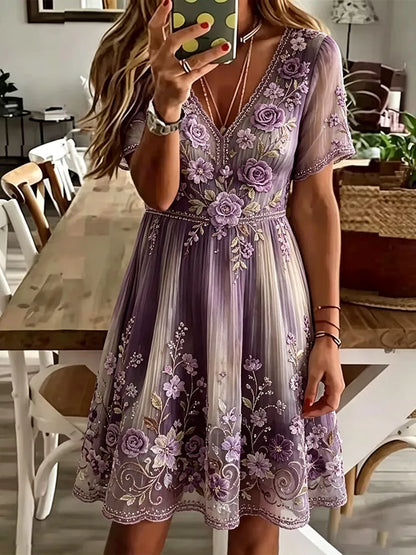 Women's Purple Vintage Floral And Rhinestone Art Texture Casual V-neck Playful Dress