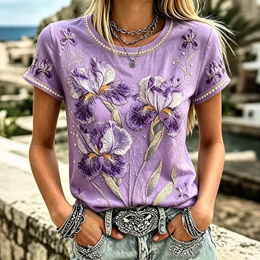 Women's Retro Iris Embroidery Art Crew Neck Short Sleeve T-shirt