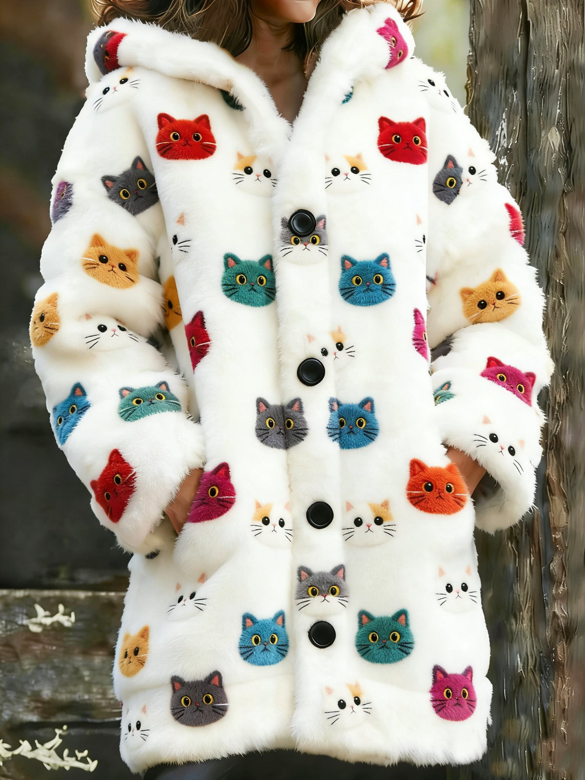 Women's Animal Cat Print Flannel Warm Jacket