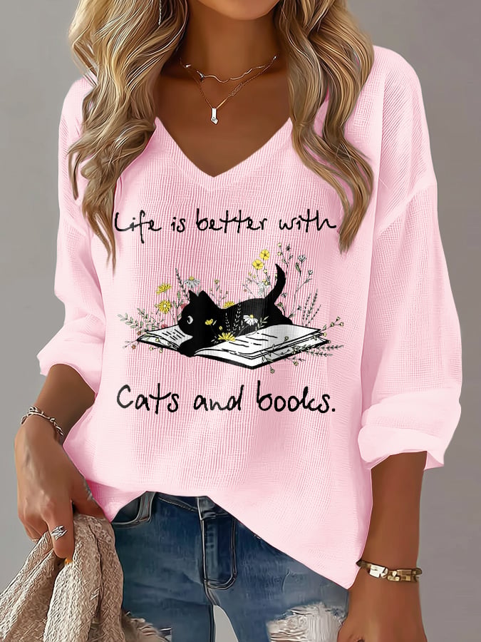 Women's 'life Is Better With Cats And Books' Cat Print Waffle Long-Sleeved T-Shirt
