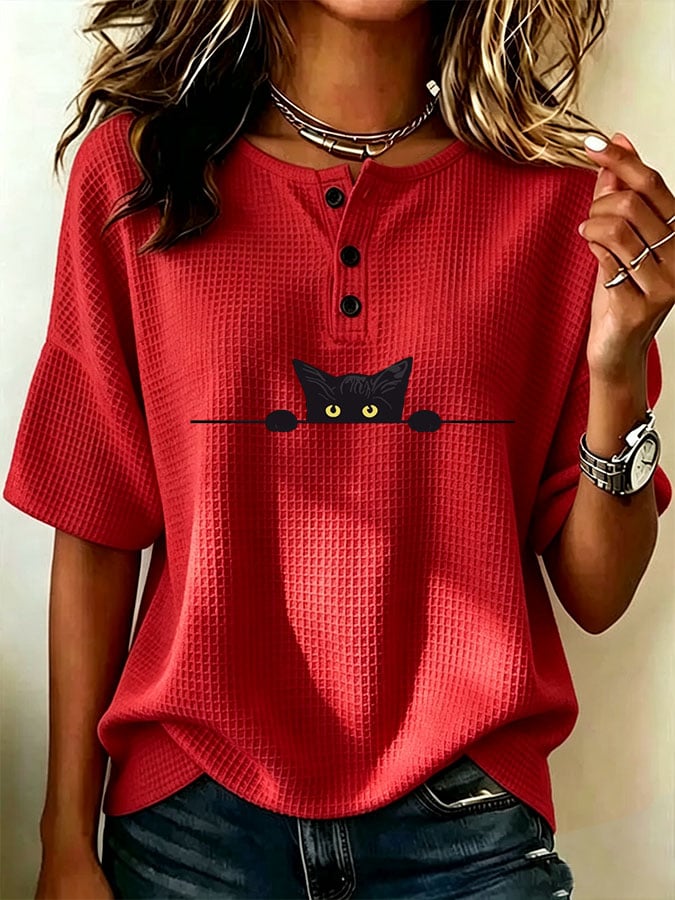 Women's Casual Waffle Print Loose Top