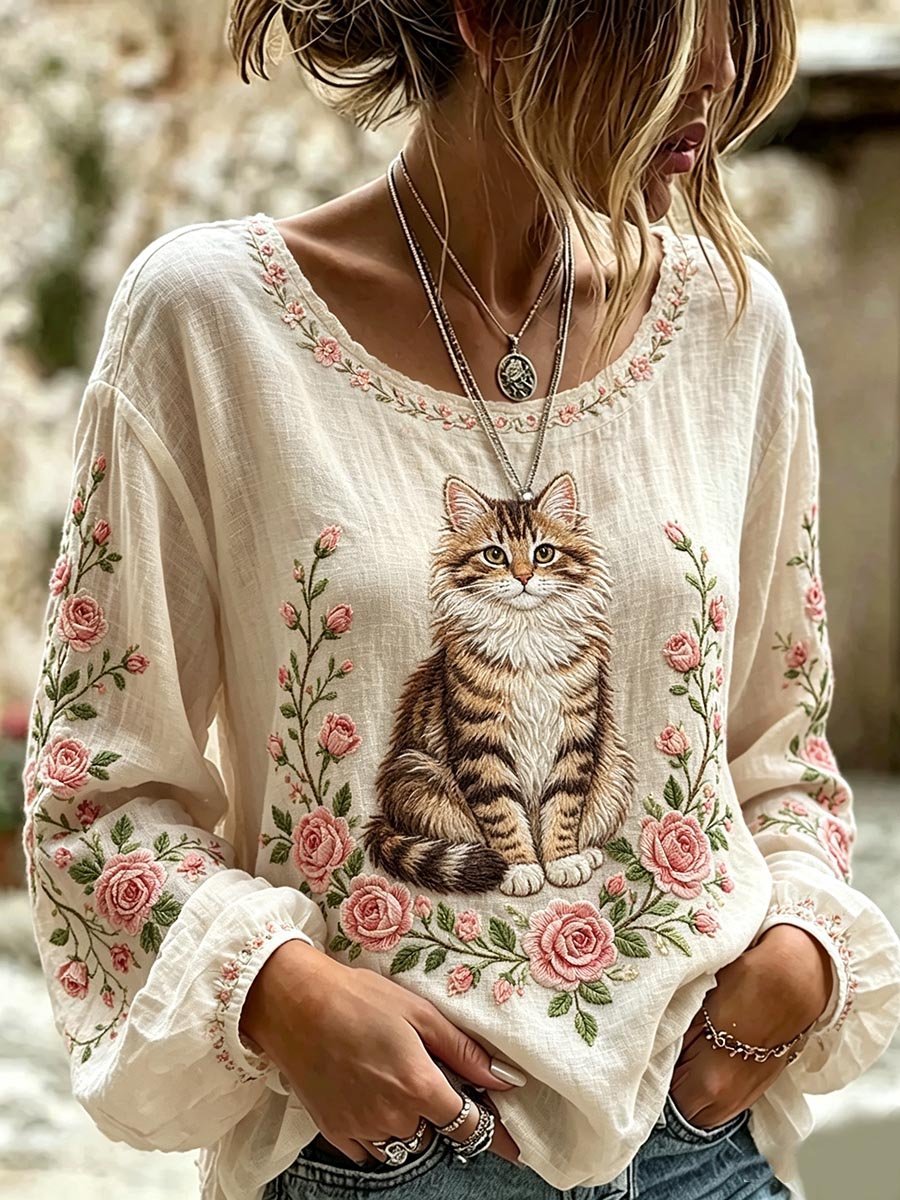 Women's Cat Embroidered Print Shirt